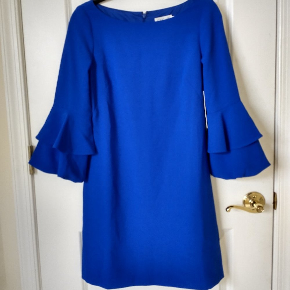 NWT Eliza J Ruffle Bell 3/4 Sleeve Dress Royal Cobalt Blue Size 4